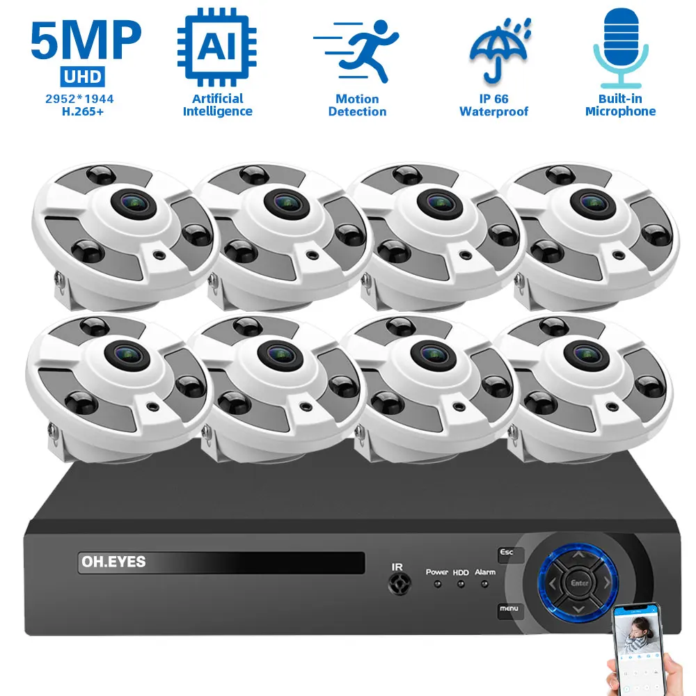 kit poe cctv dome camera security system panorama fisheye ao ar livre vigilancia por video ip 5mp 4k 10ch nvr 8ch 01