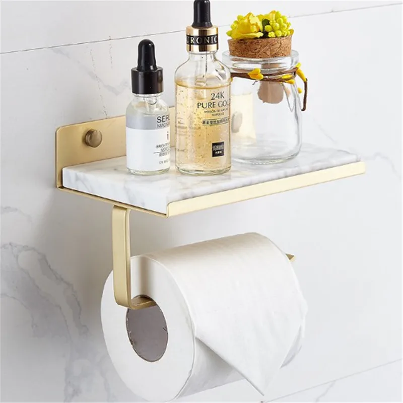 Bathroom Marble Shelf Brass Toilet Paper holders Metal Shower Shampoo Storage Rack Mobile Phone Towel Tissue Roll Holder Tray