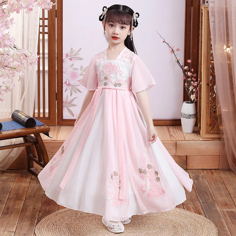 

Children's Short Sleeve Round Neck Dress Fairy Stage Dancewear Kids Embroidery Chinese Style Clothing Stage Chiffon