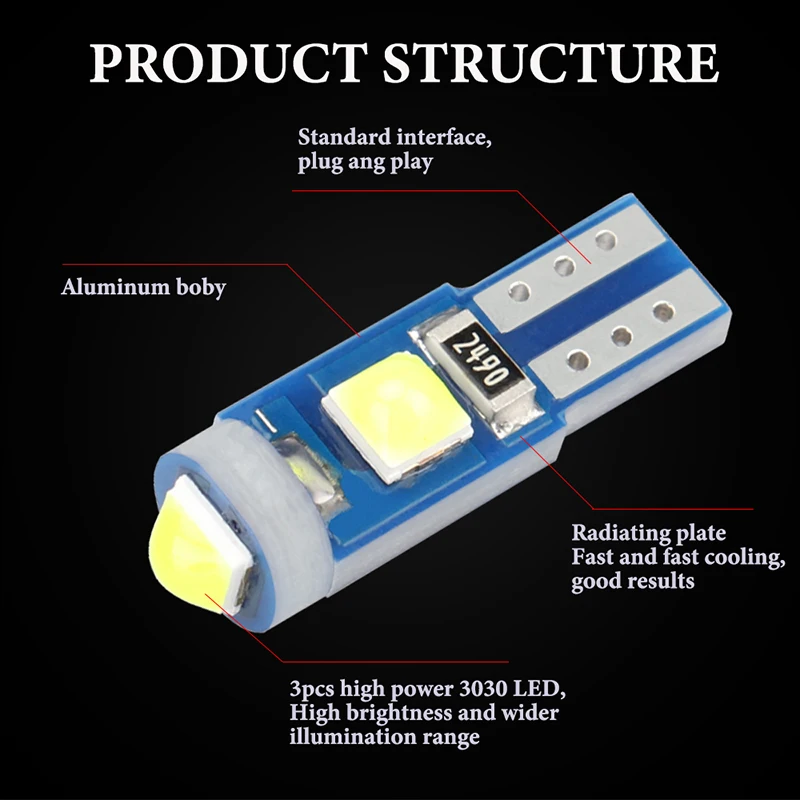 RXZ 10PCS Canbus T5 W3W 3030 3SMD Led Bulb 12V  Universal Interior Lights Dashboard Warming Indicator Auto Instrument Lamp