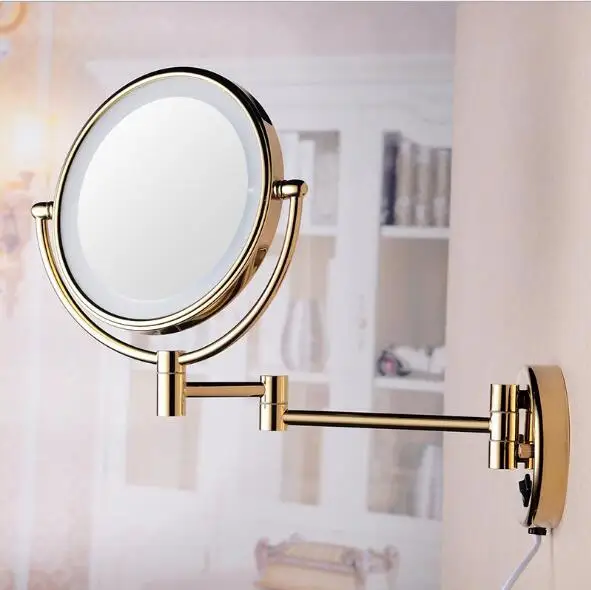 Vidric Hot Bathroom Gold Wall Mounted 8 inch Brass 3X/1X Magnifying Mirror LED Light Folding Makeup Mirror Cosmetic Mirror Lady