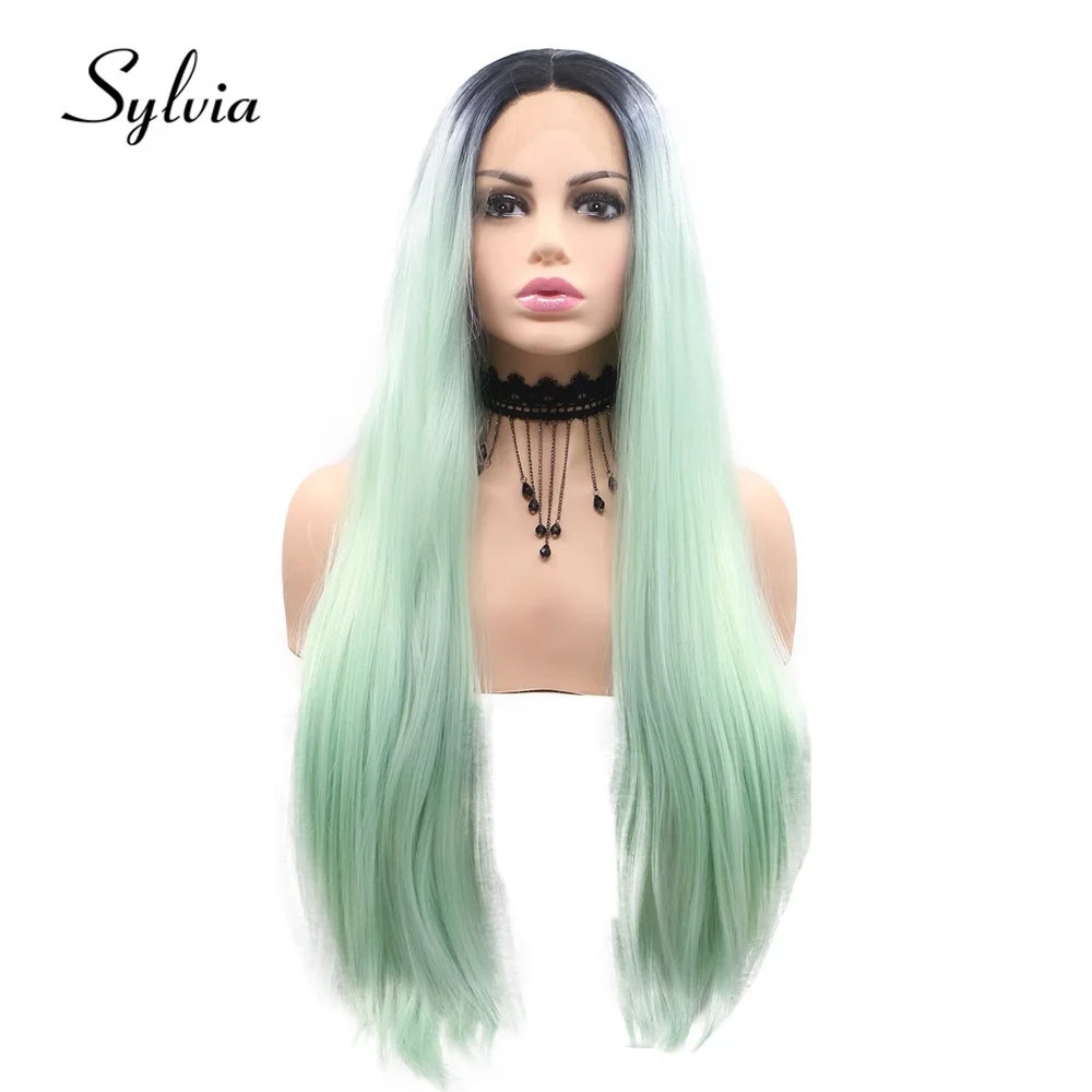 

Sylvia Mint Green 2t Ombre Silky Straight Synthetic Lace Front Wigs Dark Roots Long Natural Heat Resistant Fiber Hair