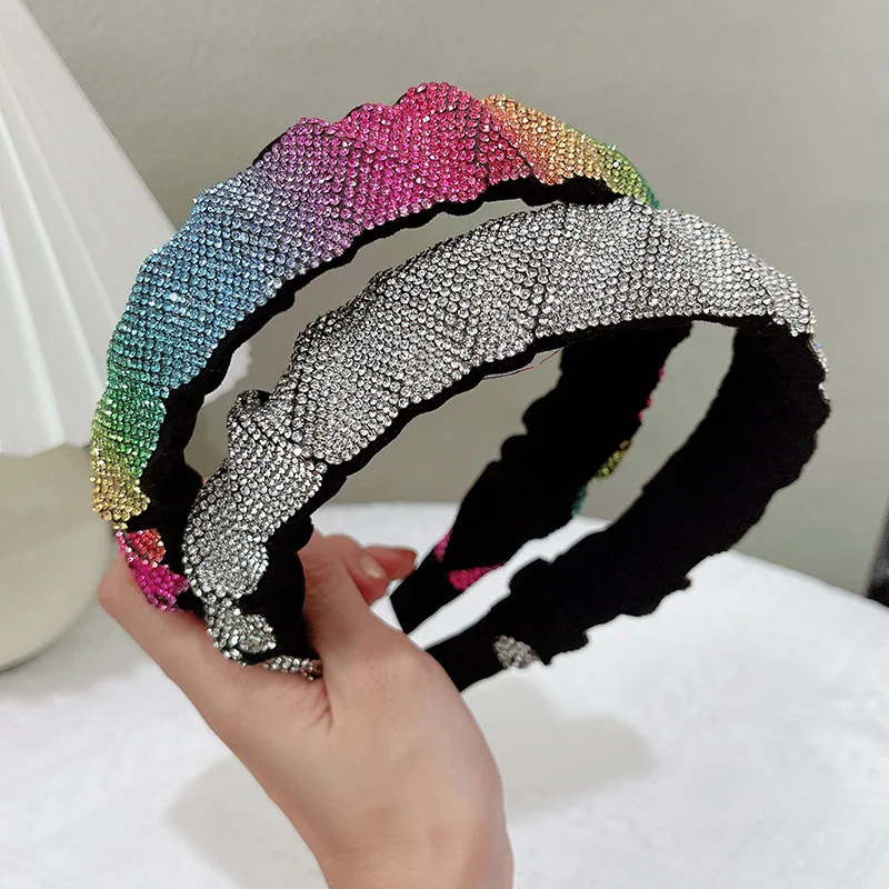 Baroque Folding Rhinestones Headbands Rainbow Diamond Women Hairbands Vintage Full Crystal Party Hair Accessories Head Wear