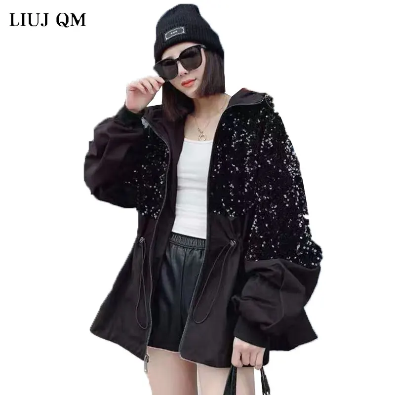 European Winter Jacket New Plus Cotton Thick Hooded Sequined Short Trench Coat Fashion Wind Drawstring Waist Slim Parkas Jacket