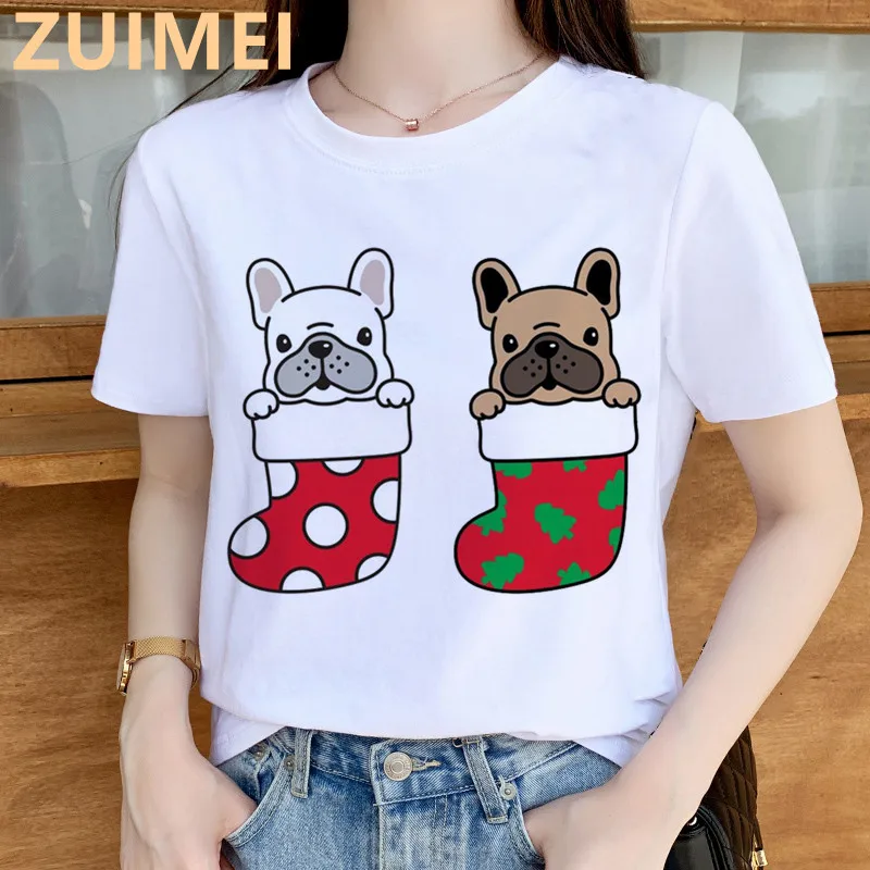 Funny Puppy Pug Santas Cap Print Harajuku Top Women T-shirt Casual ladies basic O-collar Short Sleeved T-shirt Girl,Drop Ship