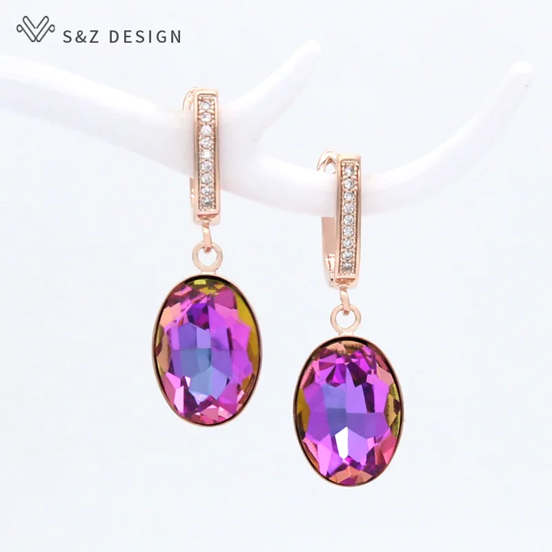 S&Z DESIGN New Fashion Egg Shape Oval Crystal Dangle Earrings For Women Wedding Classic 585 Rose Gold Color Jewelry