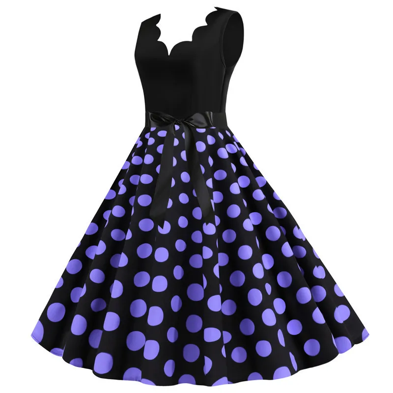 Polka Dot Print Women Summer Dress Black Patchwork Sleeveless V Neck Elegant Vintage Party Casual Midi Dress