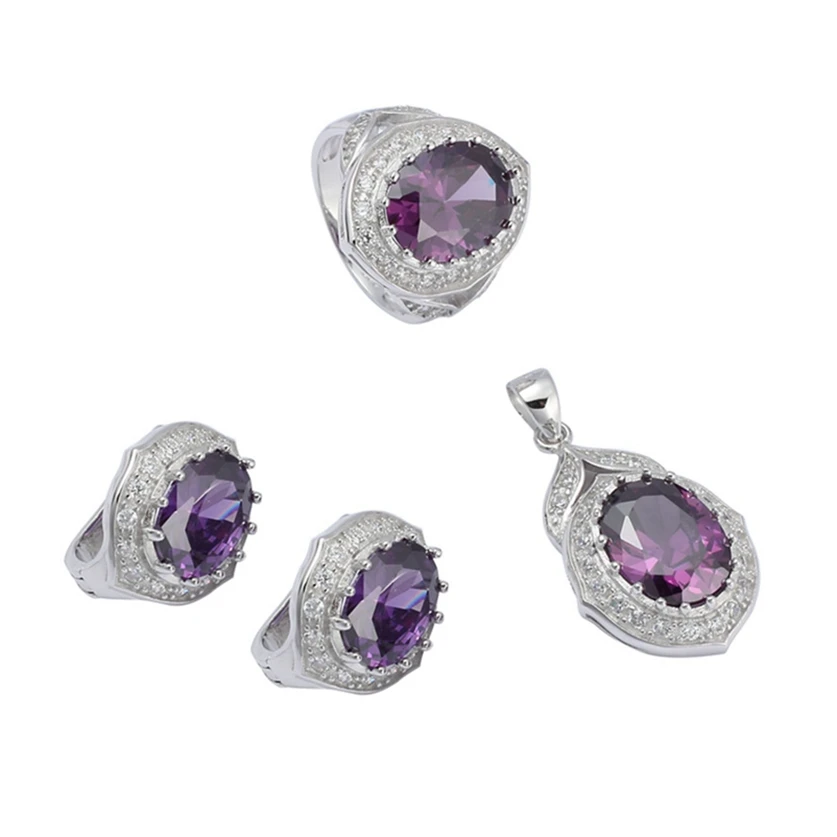 Eulonvan Charm 925 sterling silver women Engagement Wedding jewelry sets (ring/earring/pendant) Purple Cubic Zirconia S-3752set