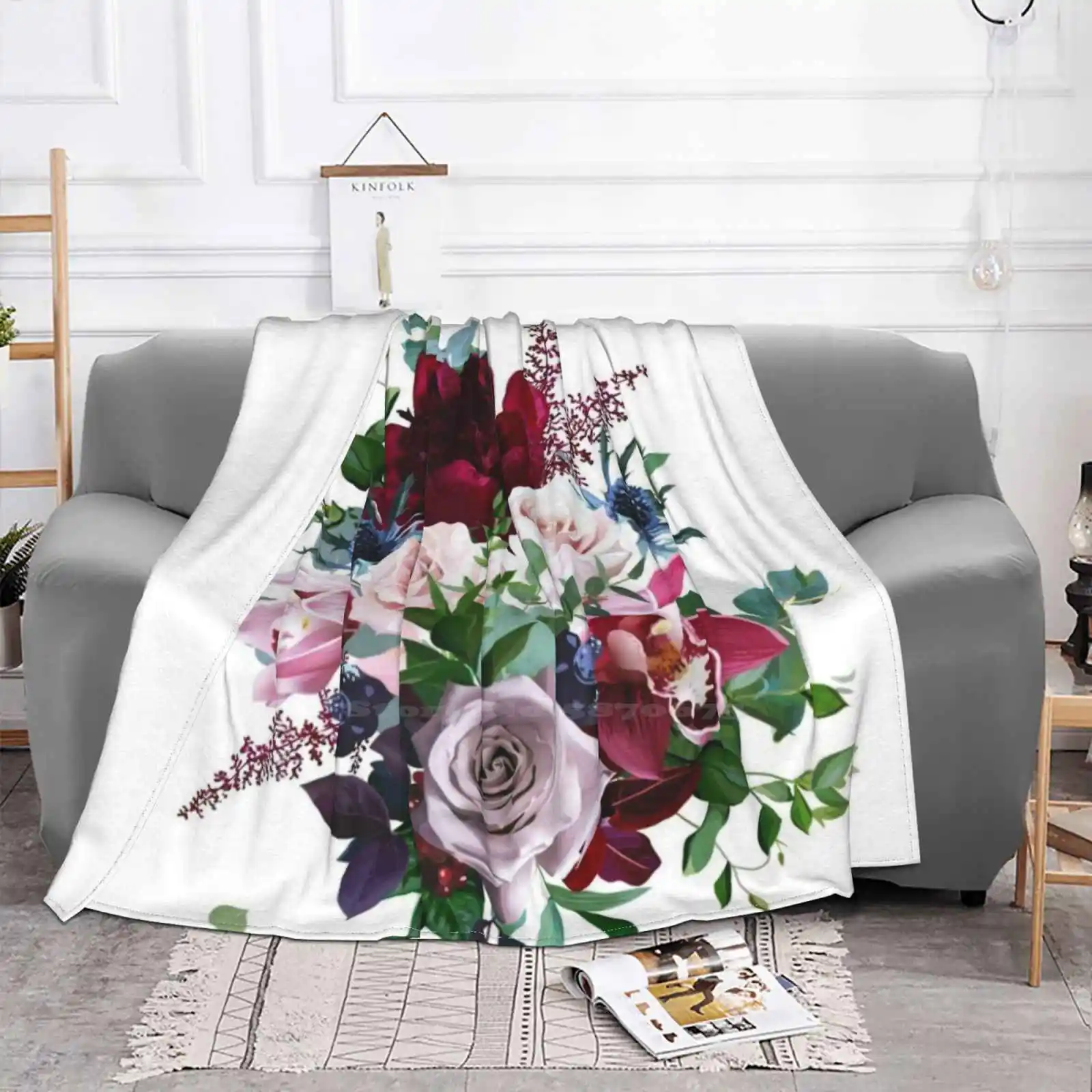 Luxury Fall Flowers Vector Bouquet Latest Super Soft Warm Light Thin Blanket Astilbe Autumn Berry Blooming Blossom Blue Boho