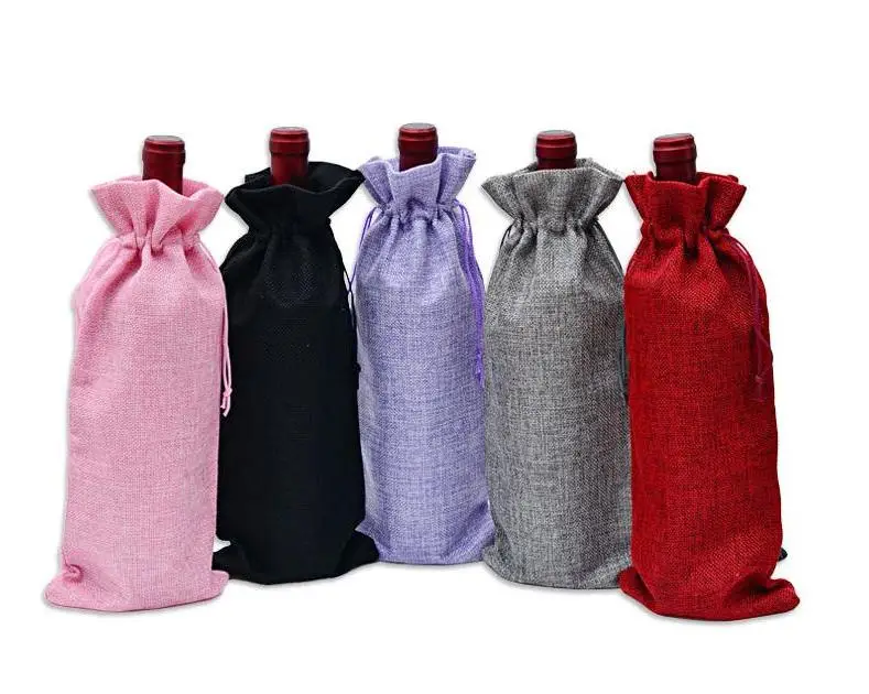 150pcs Rustic Jute Burlap Wine Bottle Cover Bag for Wedding Party Event Birthday Jute Drawstring Pouch Party Supplies Wholesale