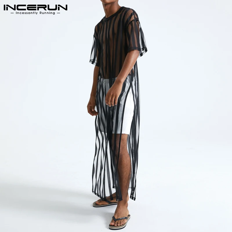 INCERUN 2023 Men Mesh T Shirt Transparent Striped Streetwear Short Sleeve Sexy Long Tops Fashion Party Nightclub T-shirts S-5XL