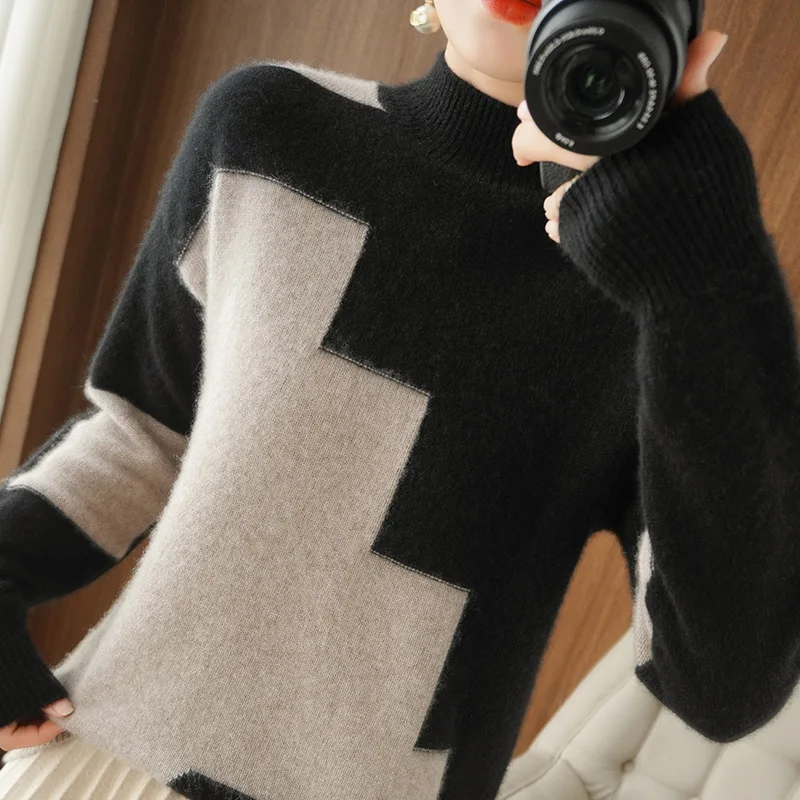 Autumn and Winter New Woolen Sweater Women\'s Long-Sleeved Pullover Stitching Top Round Neck Loose 100% Pure Wool Knit Sweater