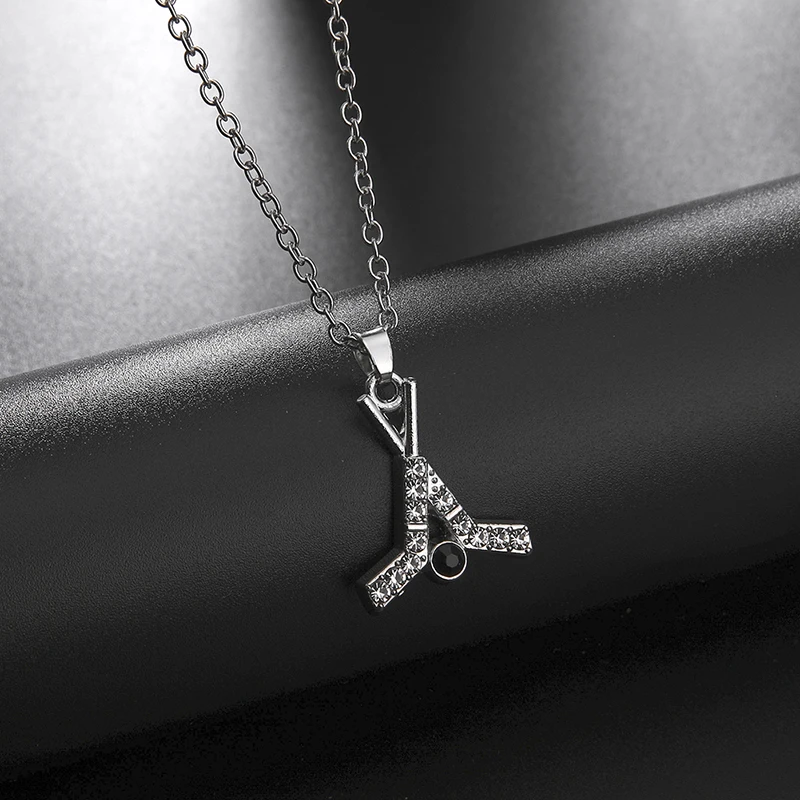 Teamer Clear Crystal Hockey Stick Pendant Necklace for Woman Men Adjustable Chain Fashion Sport Charms Silver Color Jewelry Gift