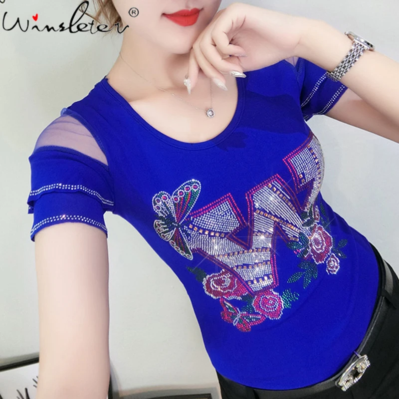 Summer European Style T-Shirt Chic Diamonds Patchwork Mesh Ruffles Women Tops Sexy Back Bottoming Shirt Tees New 2021 T14407A