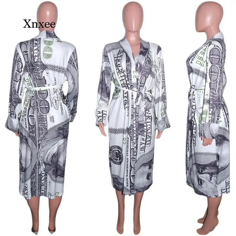 2020 Autumn Women's Printed Dress Long Sleeve V-Neck Loose Slit Pajama Mid-Length Dress Homewear Robe