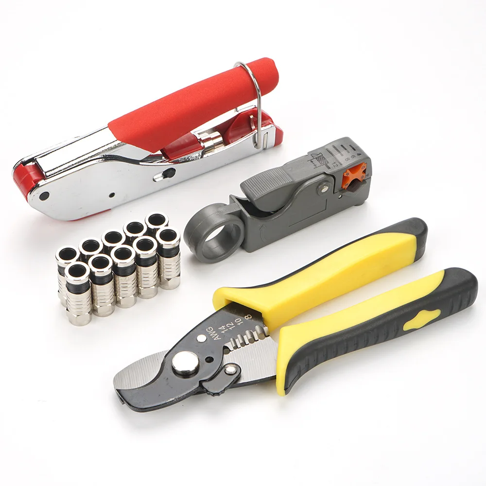 Coaxial Cable set Wire Stripper cutter RG6/RG59 F Compression 10pcs Connector Tool Crimping Pliers Wire Stripping cut Pliers Kit