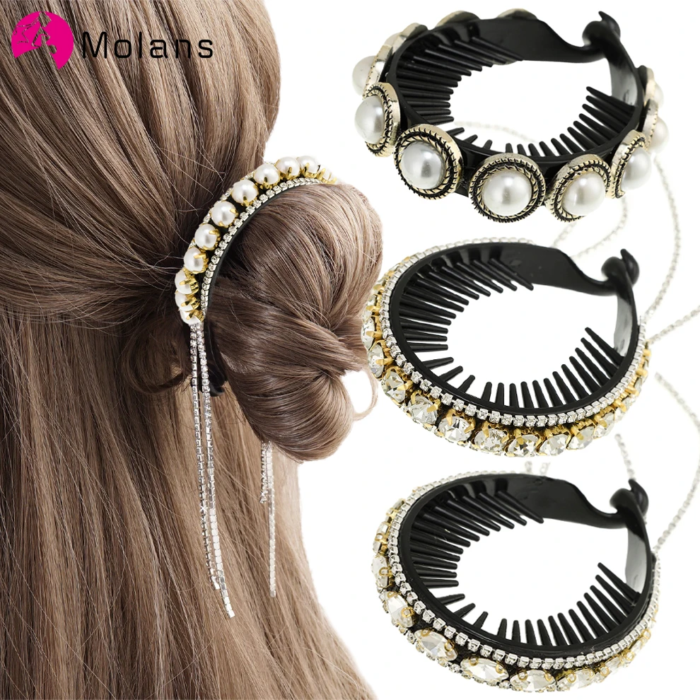 Molans Women Luxury Pearl Rhinestone Tassel Ponytail Hair Claws Hair Clips Barrettes Hairpin Headband Fashion Hair Accessories