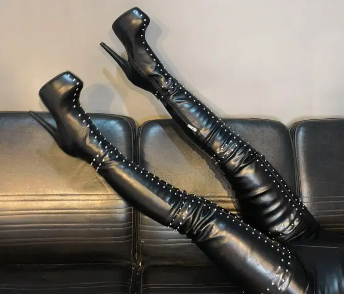 Rivets Leather Platform Thigh High Boots Woman Studded Thin High Heels Sexy Over The Knee Long Winter High Boots