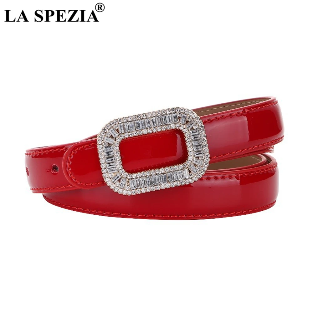 LA SPEZIA Blue Patent Leather Women Belt Rhinestone Buckle Waist Belt Thin Ladies Belts for Dress Fashion Brand Accessories