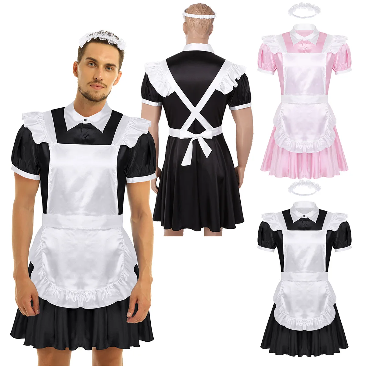 Mens Male Adults Sissy Maid Cosplay Costume Puff Sleeve Front Button Down Dress with Apron and Headband for Role Play Halloween