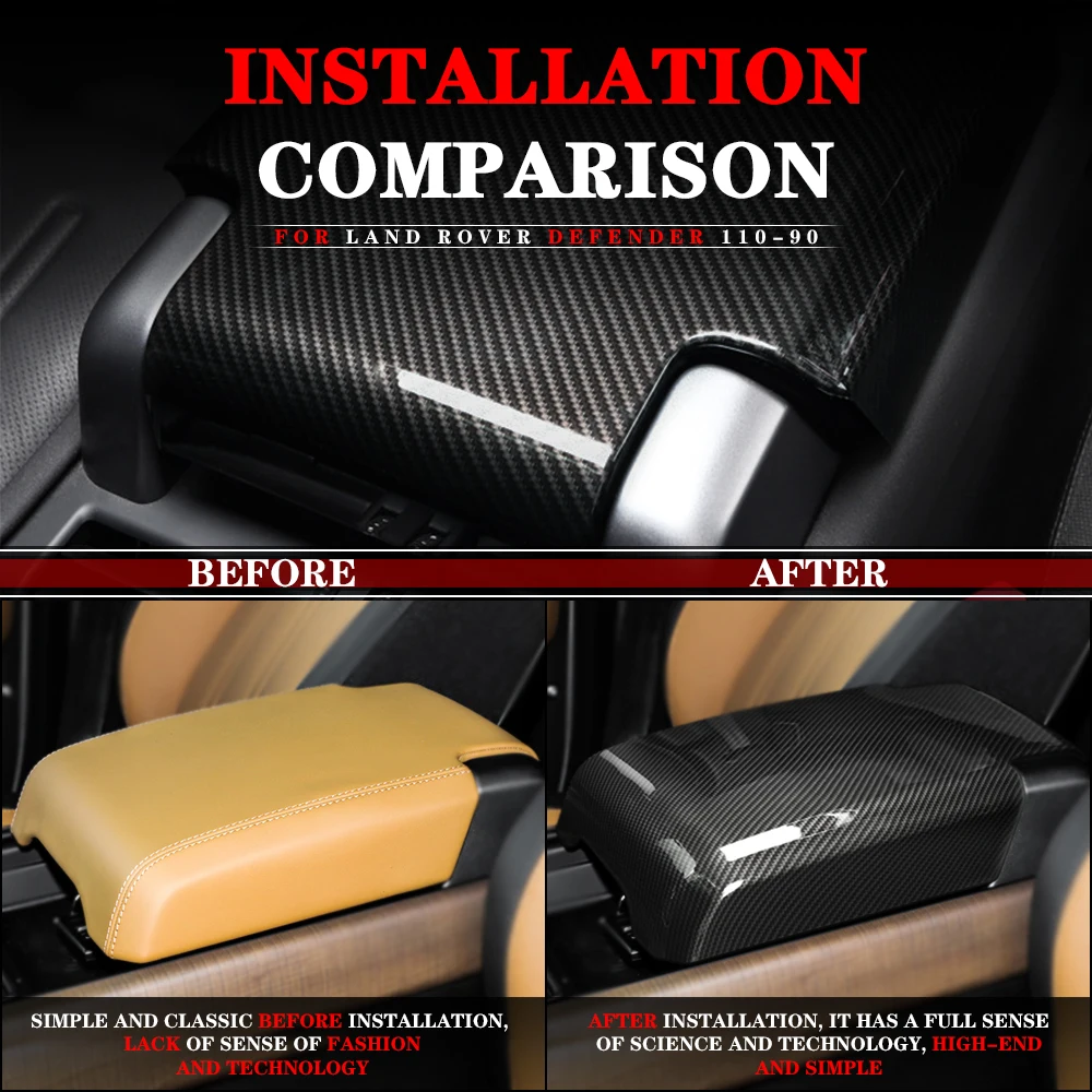 

Черное углеродное волокно ABS для Land Rover Defender 110 2020, внутренний подлокотник автомобиля, ящик для хранения, декоративная крышка, накладка, автомобильный аксессуар