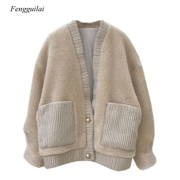 ผู้หญิงฤดูหนาว Lambswool เสื้อ Vintage หญิงเกาหลีหลวมเดียว Breasted Cardigans Casual Lady Warm Faux Fur Outwears