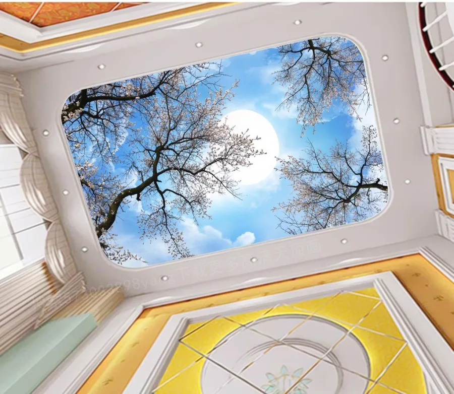 Cherry blossom tree moon sky ceiling background wall Ceiling Wallpaper Murals Living Room Bedroom Ceiling Mural Decor