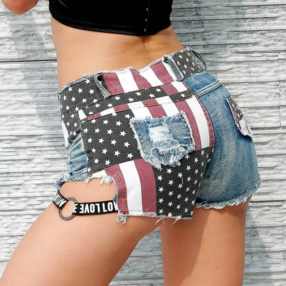 Womens Sexy American Flag Print Mini Short Jeans Booty Shorts Hollow Out With Holes High Waist Casual Club Party Bottom