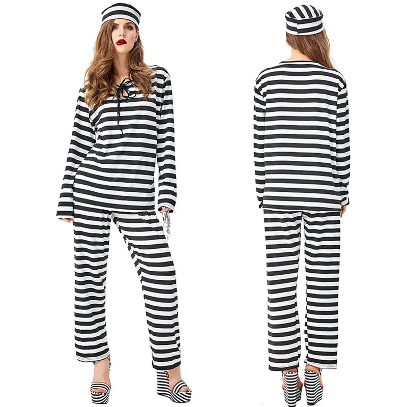 

Unisex Adult Woman Halloween Prisoner Costumes Prison Suit Cosplay Carnival Purim Masquerade Nightclub Bar Role Play Party Dress