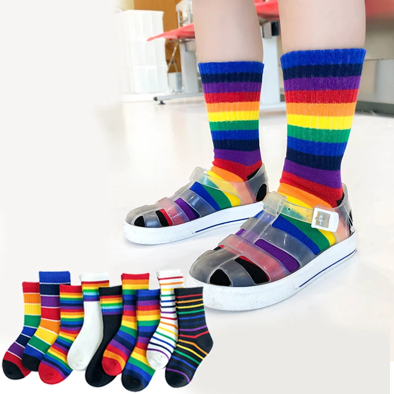 Kids Knee High Rainbow Socks Spring Summer Toddler Child Girls Boys Cotton White School Socks Stripe Long Sock Baby Accessories