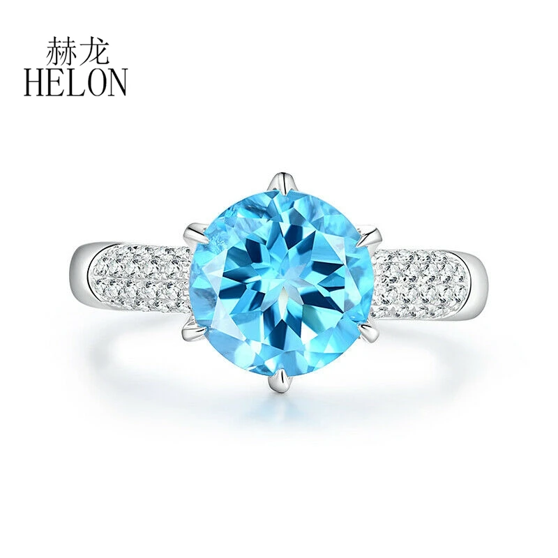 

HELON Solid 14k White Gold Flawless Round 9mm Genuine Blue Topaz Diamonds Women Special Flowers Jewelry Diamond Ring