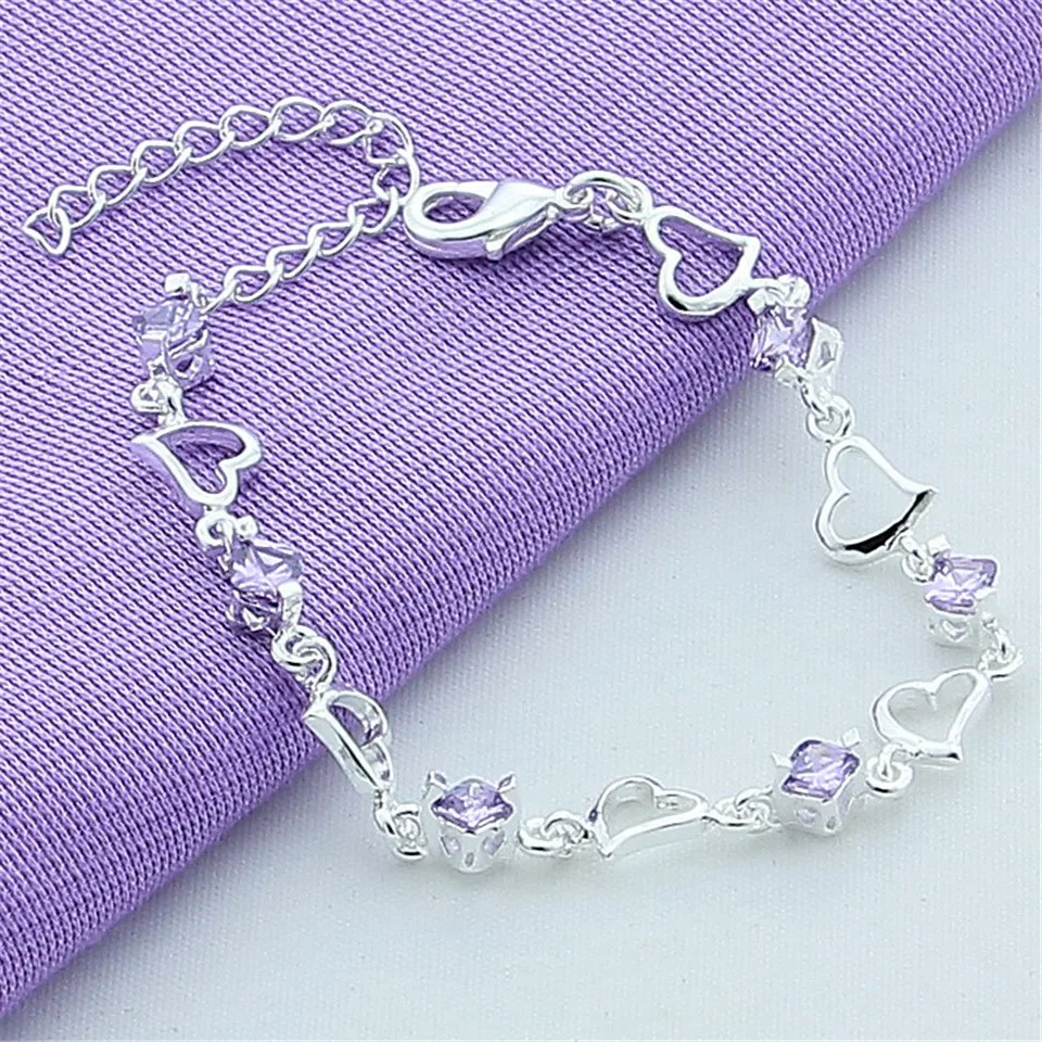 BABYLLNT Fashion 925 Silver Bracelet For Women Heart Purple Crystal Zircon Bracelet Jewelry Gift Feminina