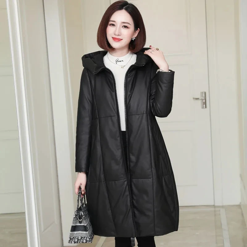 Phụ Nữ Parkas Mùa Đông 2022 Thời Trang Cotton Lót Áo Nữ Dài Có Mũ Da PU Parkas Nữ Dày Ấm Giả Da áo Khoác