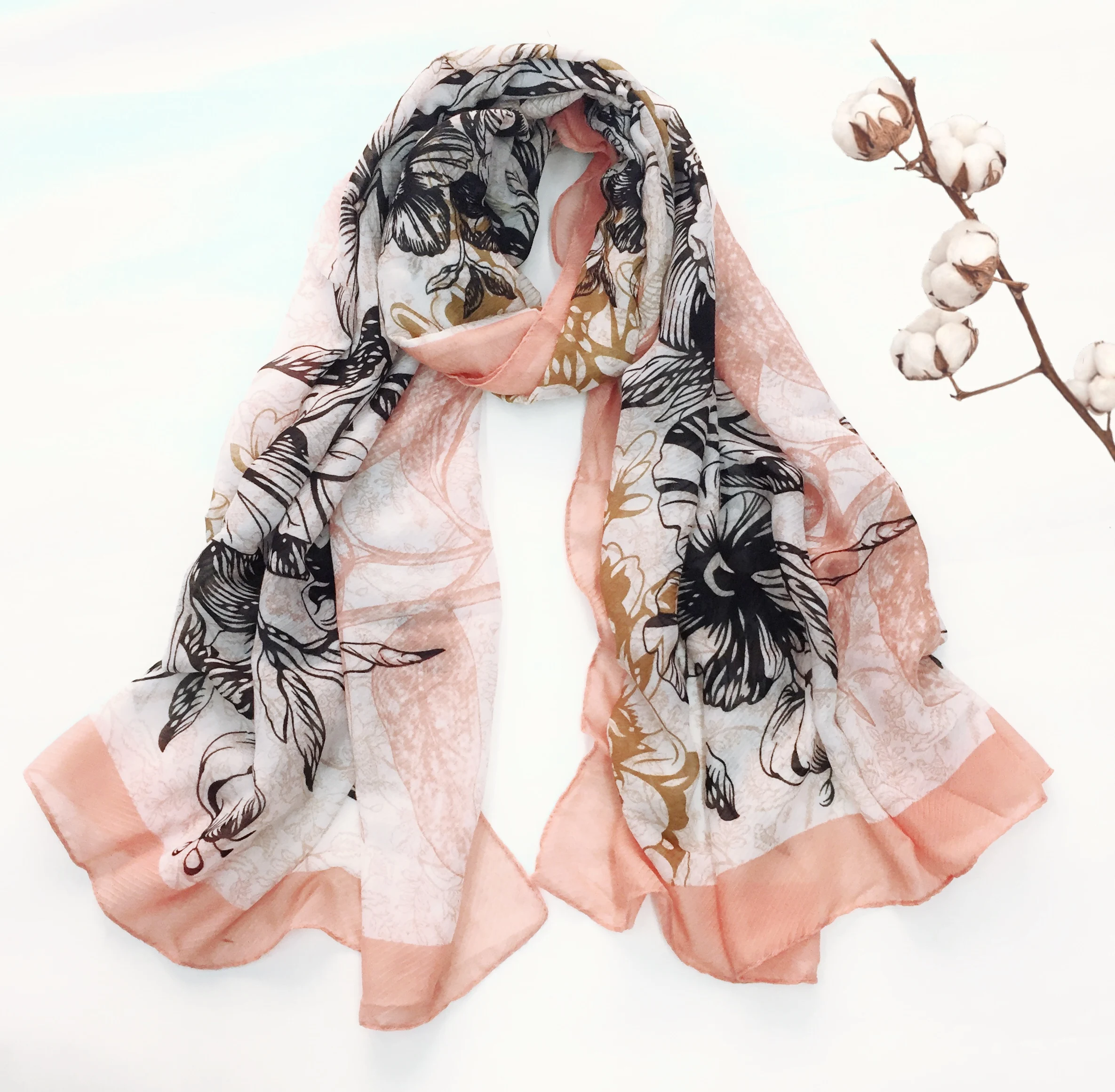 2019 New Women Cotton  Flower Print Scarves Shawls Long Soft Blossom Fruit Print Wrap Scarf Hijab Echarpe 6 Color Free Shipping