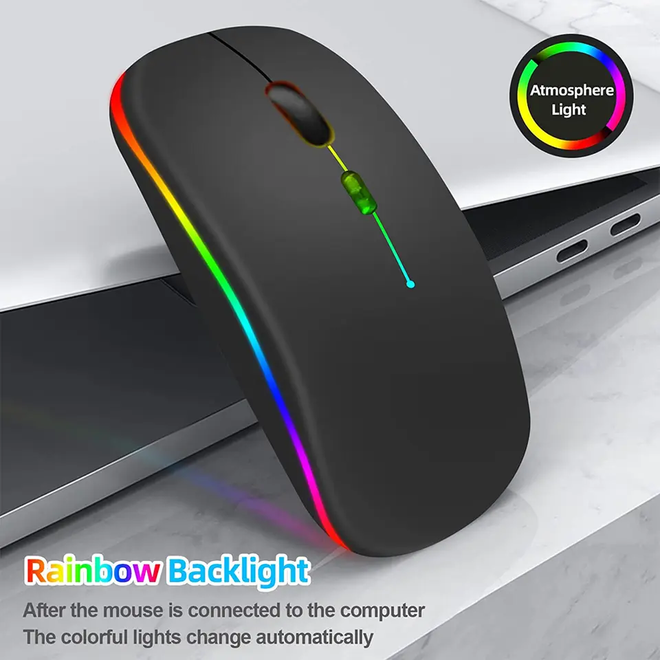 ماوس لاسلكي LED قابل لإعادة الشحن عبر USB متوافق مع بلوتوث ماوس RGB صامت مريح مع إضاءة خلفية لجهاز الكمبيوتر المحمول والكمبيوتر الشخصي والآيباد - 2