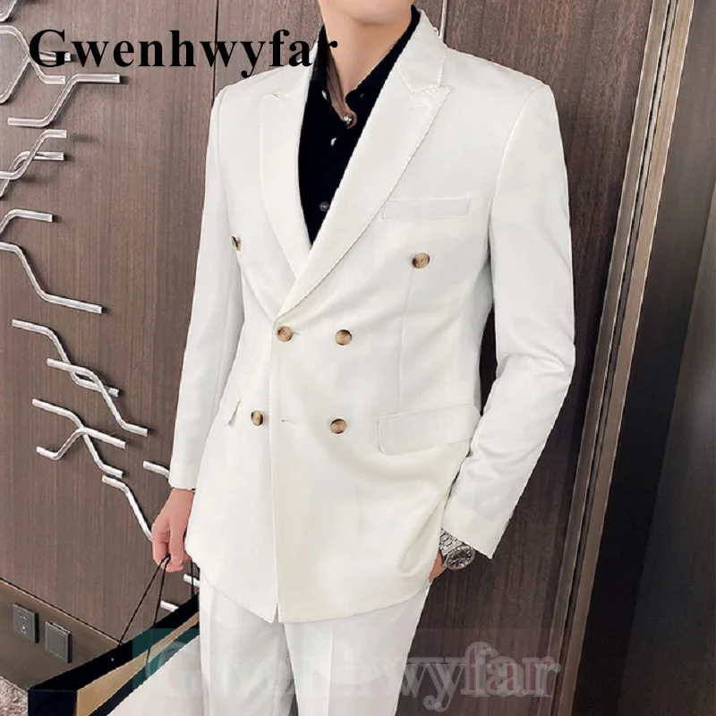 

Gwenhwyfar 2021 British Style Double Breasted Men's Suits Business Solid Color Gentleman White 2 Pcs Set Wedding Suit For Men