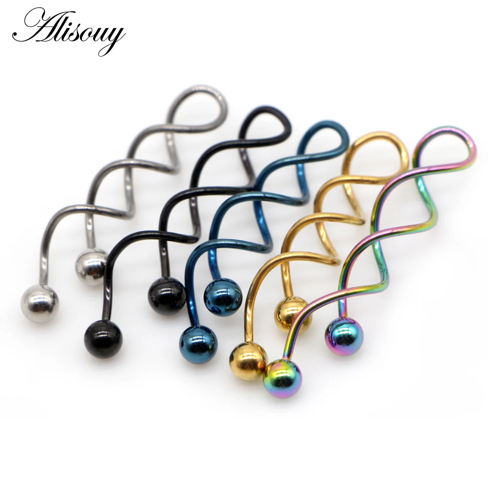 Alisouy 2pcs Punk Stainless Steel Spiral Dangle Men Women Ear hook Earrings Button Navel Piercing Ring Belly Ring Body Jewelry