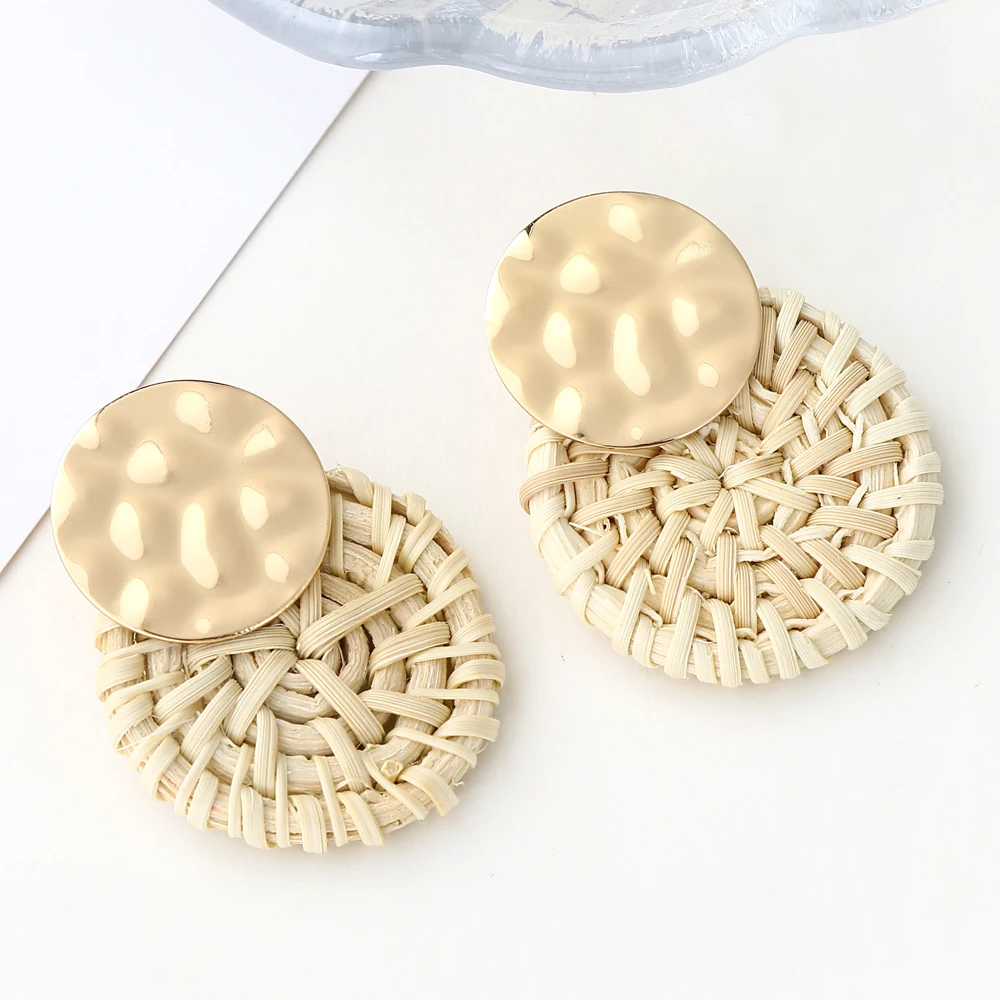 YAOLOGE 2019 New Korea Handmade Wooden Straw Woven Rattan Vine Braid Women Earrings Geometric Large Circle Long Drop Earrings