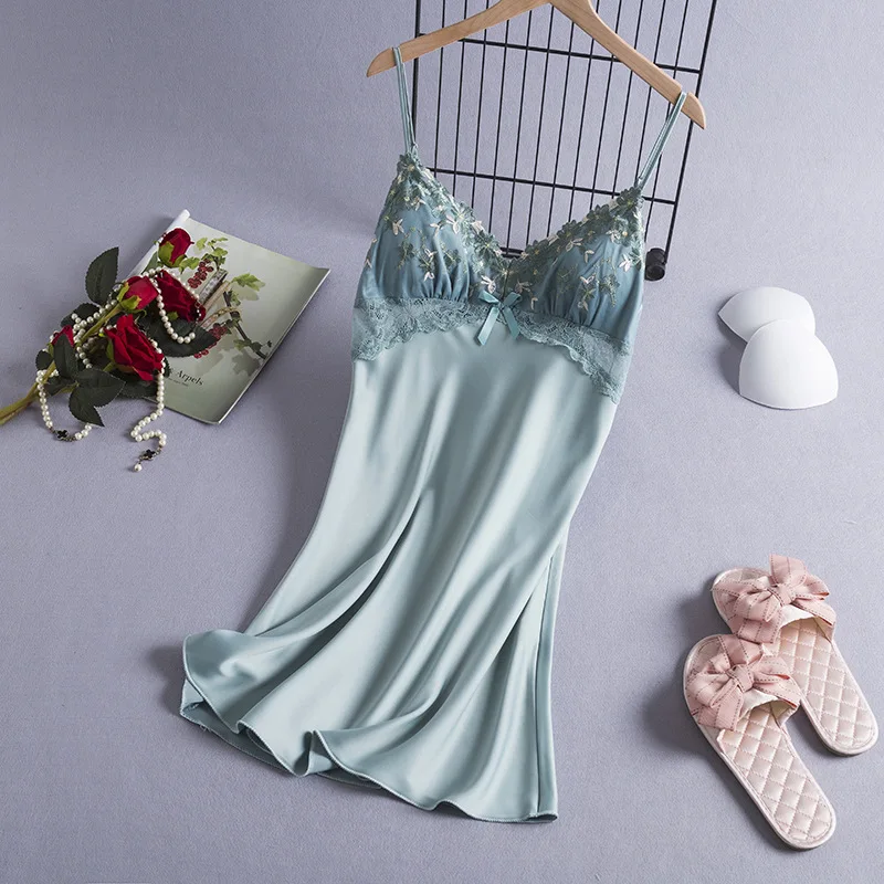 

Ночная сорочка с цветочной вышивкой, женское атласное нижнее белье, ночная сорочка, мягкая Ночная сорочка на бретелях-спагетти, ночная рубашка, Сексуальная Домашняя одежда