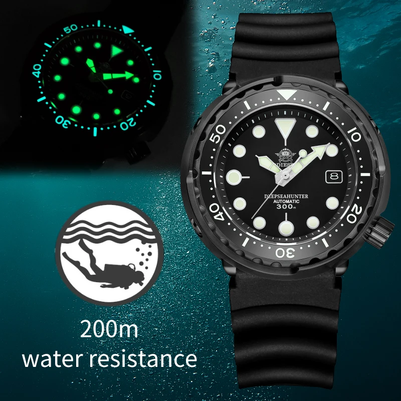 Addies Dive Men\'s Black tuna watch  Stainless Steel Japan NH35 Movement Diver Watch Waterproof BGW9 Luminous Automatic Watches