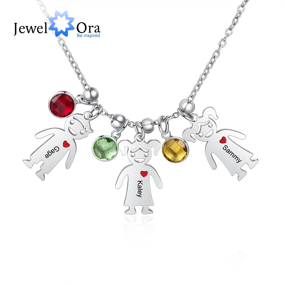 

JewelOra Personalized Engraved Name Boy Girl Pendant Necklace with Heart Custom Birthstone Stainless Steel Necklaces for Women