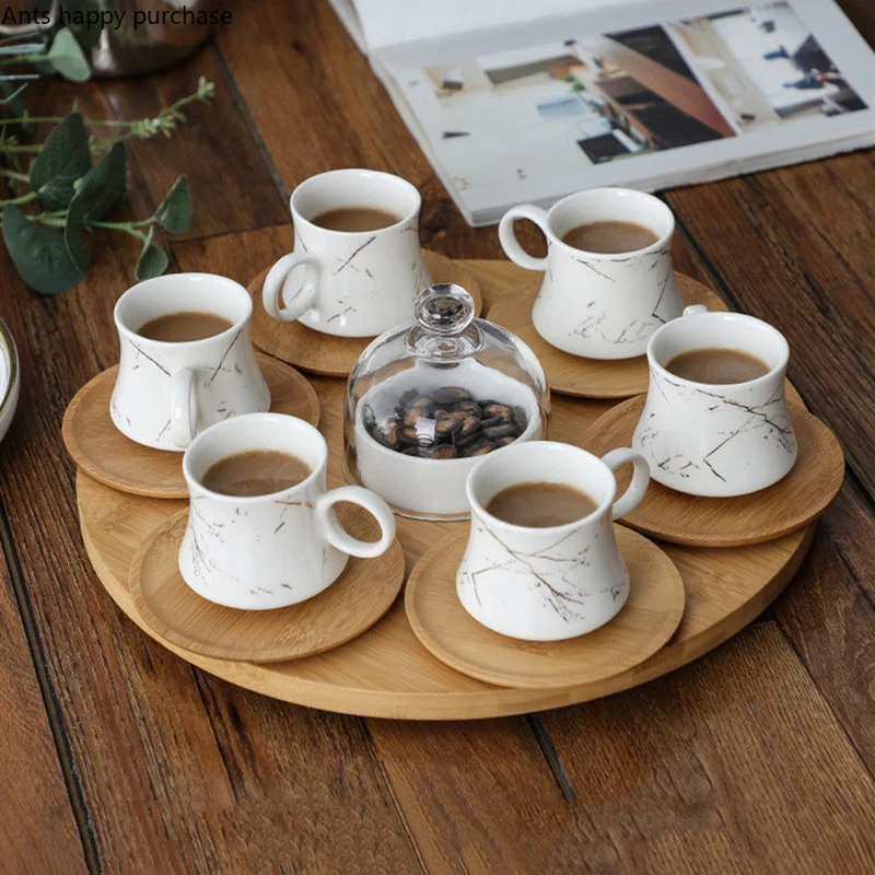 Ceramic Coffee Cup and Saucer Set Wooden Pallet Concentrate Cup 6-piece Set Ceramic Glass Cover Snack Bowl Afternoon Tea Sets