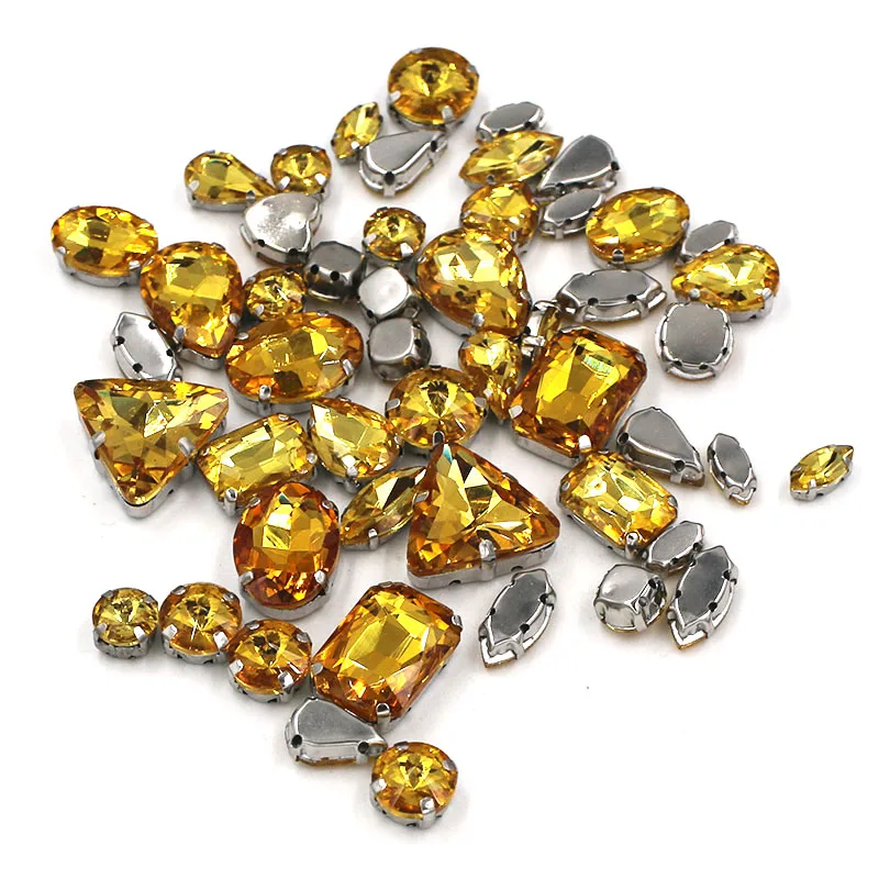 Sell at a loss! 50pcs/bag  mixed shape golden yellow sew on glass crystal rhinestones diy clothing accessories