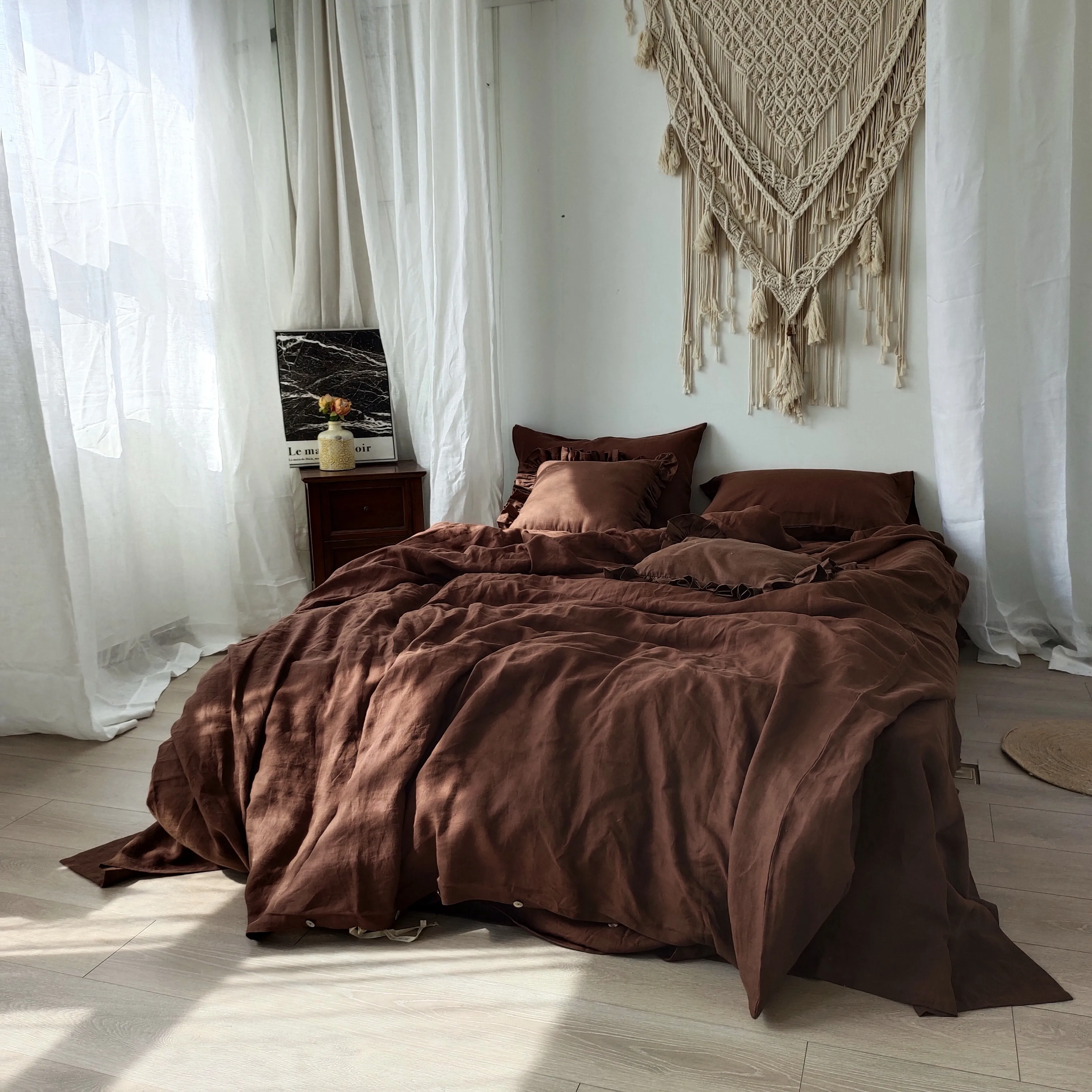 Set of 4 Pre stone washed 100% Natural Linen Deep Coffee Bedding Sets include 1 Duvet cover + 2 Pillowcases + Flat sheet