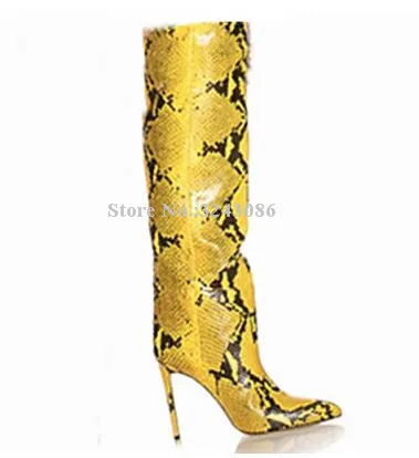 New Popular Crocodile Print Stiletto Heel Knee High Boots Woman Sexy Pointed Toe Snakeskin Leather Long Boots Lady Knight Boots