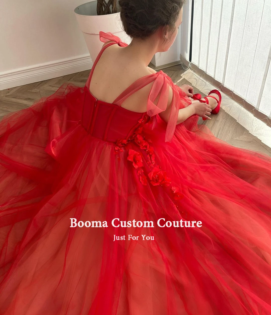 Booma Red Sweetheart Prom Dresses 2022 Flowers A-Line Tulle Prom Gowns with Pockets Tied Bow Straps Long Wedding Party Dresses