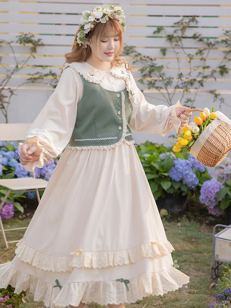 Spring Girl Sweet Large Size 4xl Set Op+Vest Lolita Lace Ruffle Puff Sleeve Kawaii Woman Embroidery Vestidos Cosplay Lolita