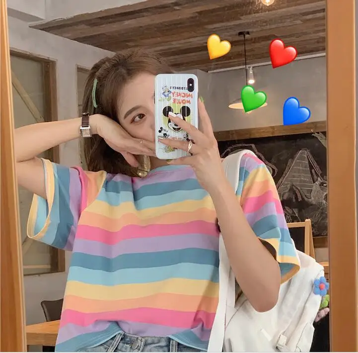 New Summer casual tshirt rainbow striped short sleeve  women t-shirt tops Harajuku Korean Style Girls female Tees