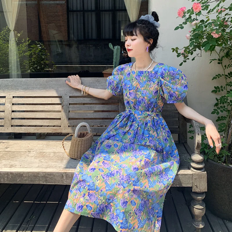 

Bubble Sleeve Floral Oil Painting Dress Cottagecore Women's 2021 Summer French Court Style High Waist Temperament Printed Skirt