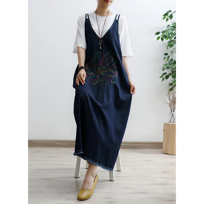 Free Shipping 2021 New Fashion Long Maxi Denim Dresses For Women One-piece Vintage Spaghetti Strap Blue Black Tassels Loose